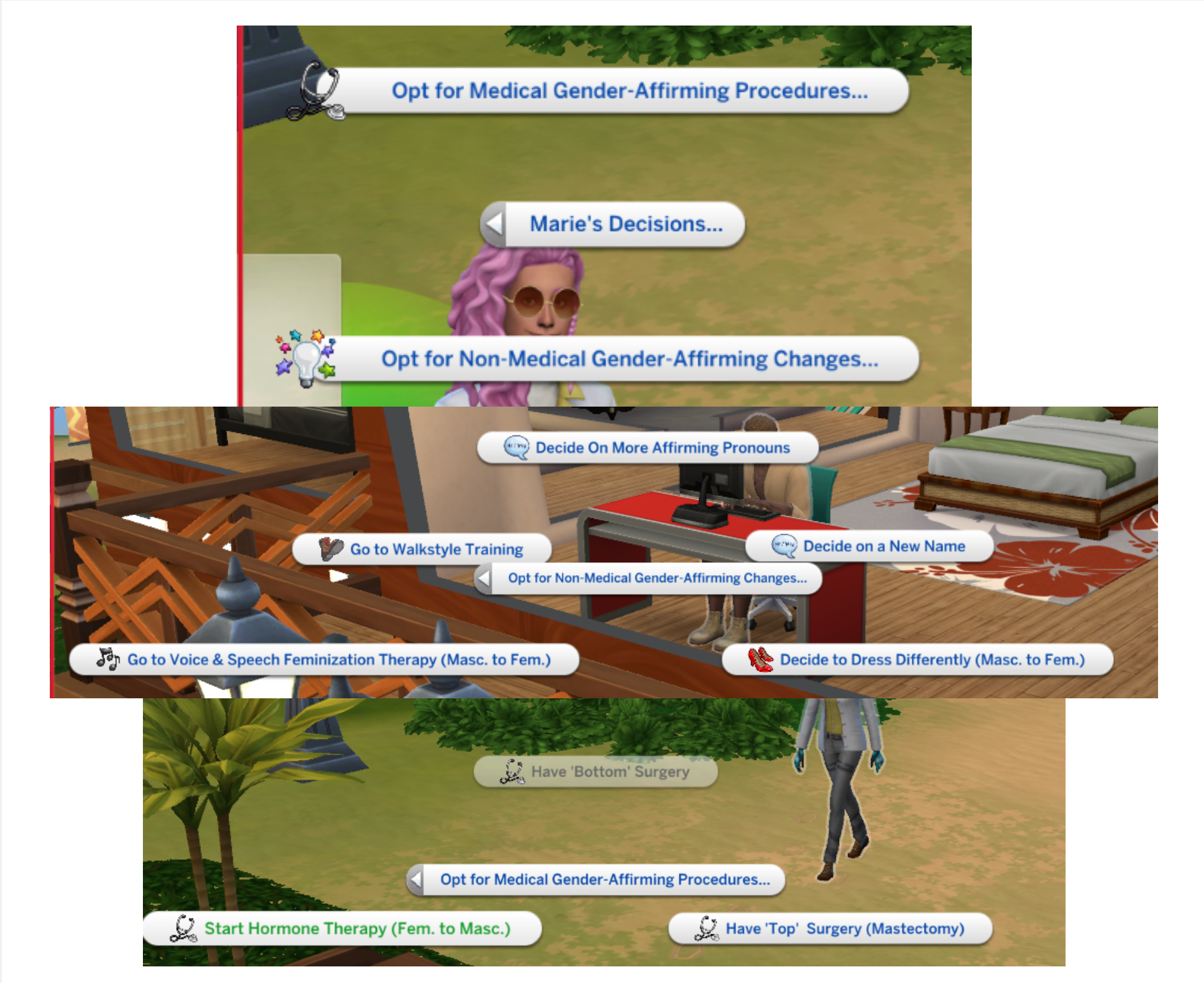 Screenshot of gender transition menu
