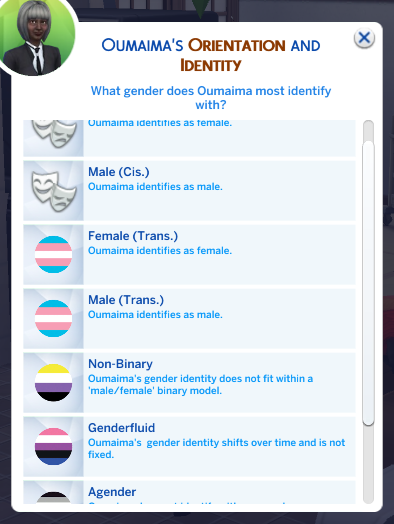 Screenshot of gender identity window.