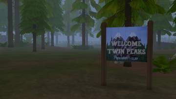 A foggy, dark pine forest, with a town sign for Twin Peaks